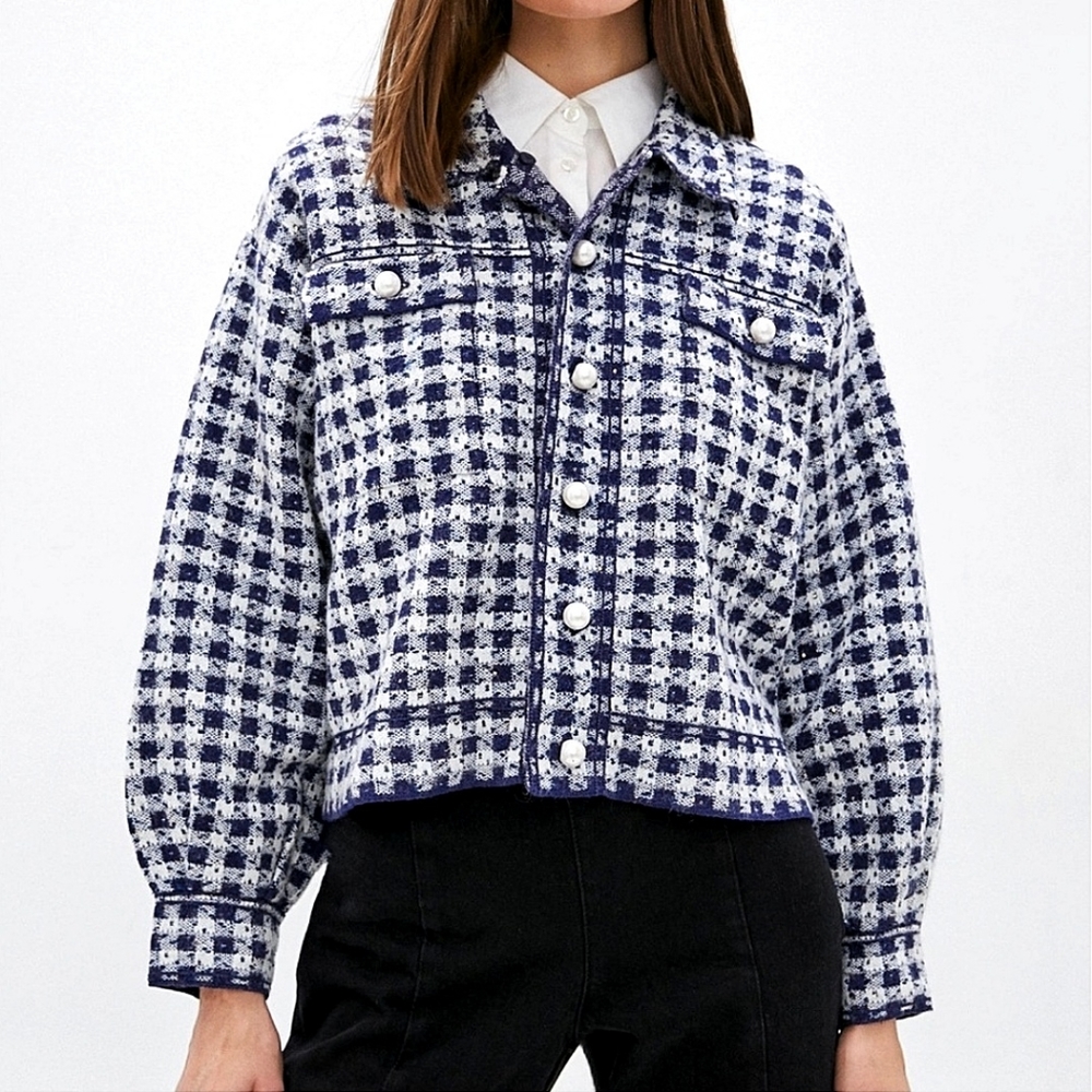 NWOT Sandro Jayce Jacquard Tweed Check Cropped Wool Jacket